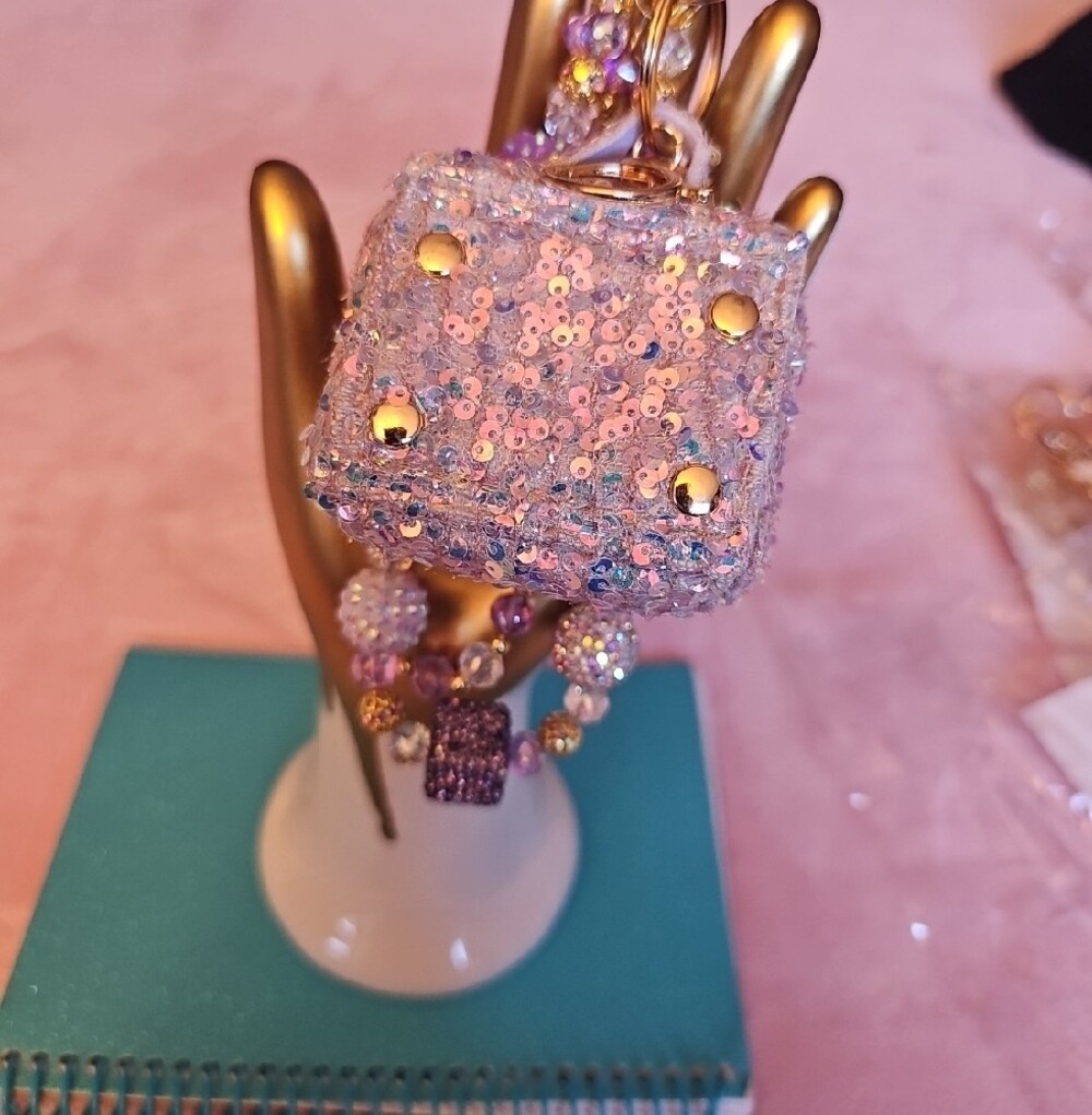 CHARMS: Pink Sequin Mini Bag Charm Keychain with Beaded Strap - Picture 2 of 5